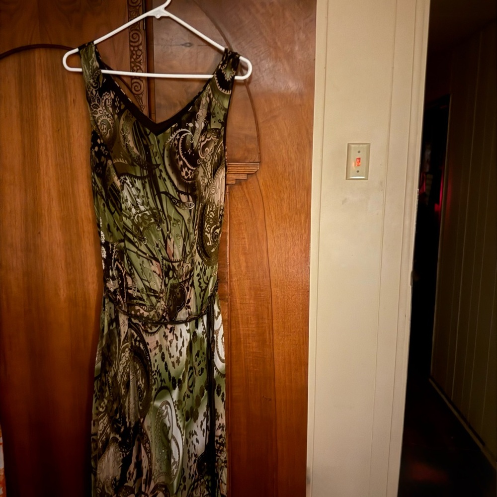 Connected Apparel Olive and Brown Patterned Midi Dress